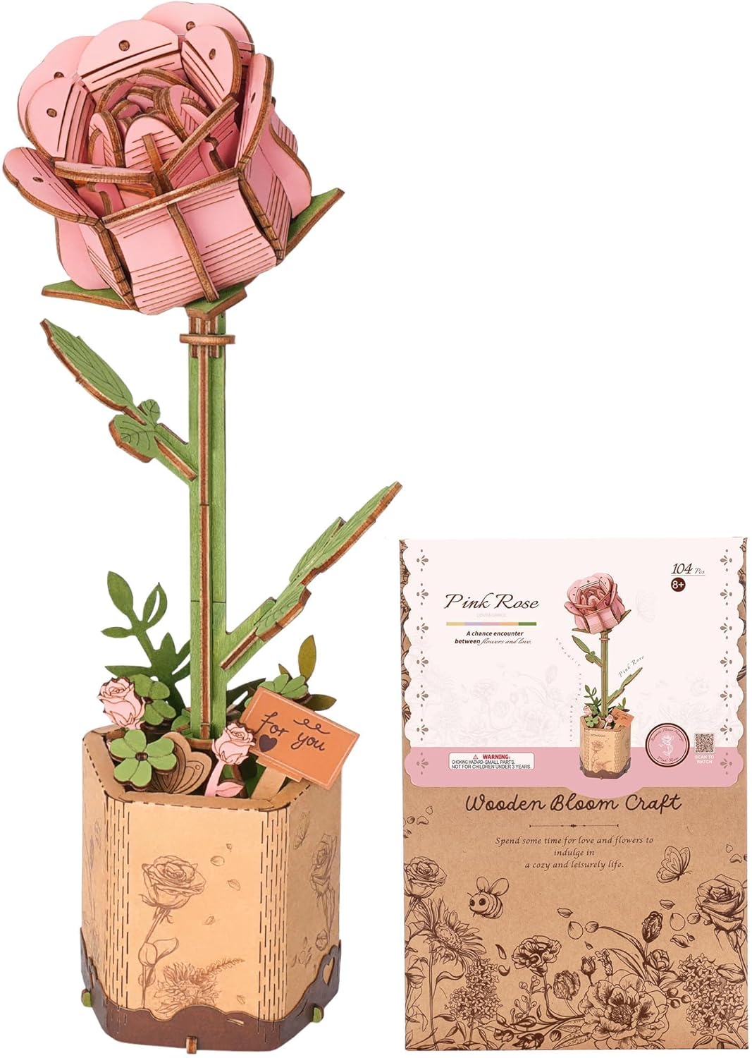 3D Flower Wooden Puzzles for Adults-Pink Rose, DIY Wooden Flowers Model Kit Building Set Crafts Birthday Gifts, Artificial Botanical Collection Creative Gift Ideas/Housewarming (104PCS)