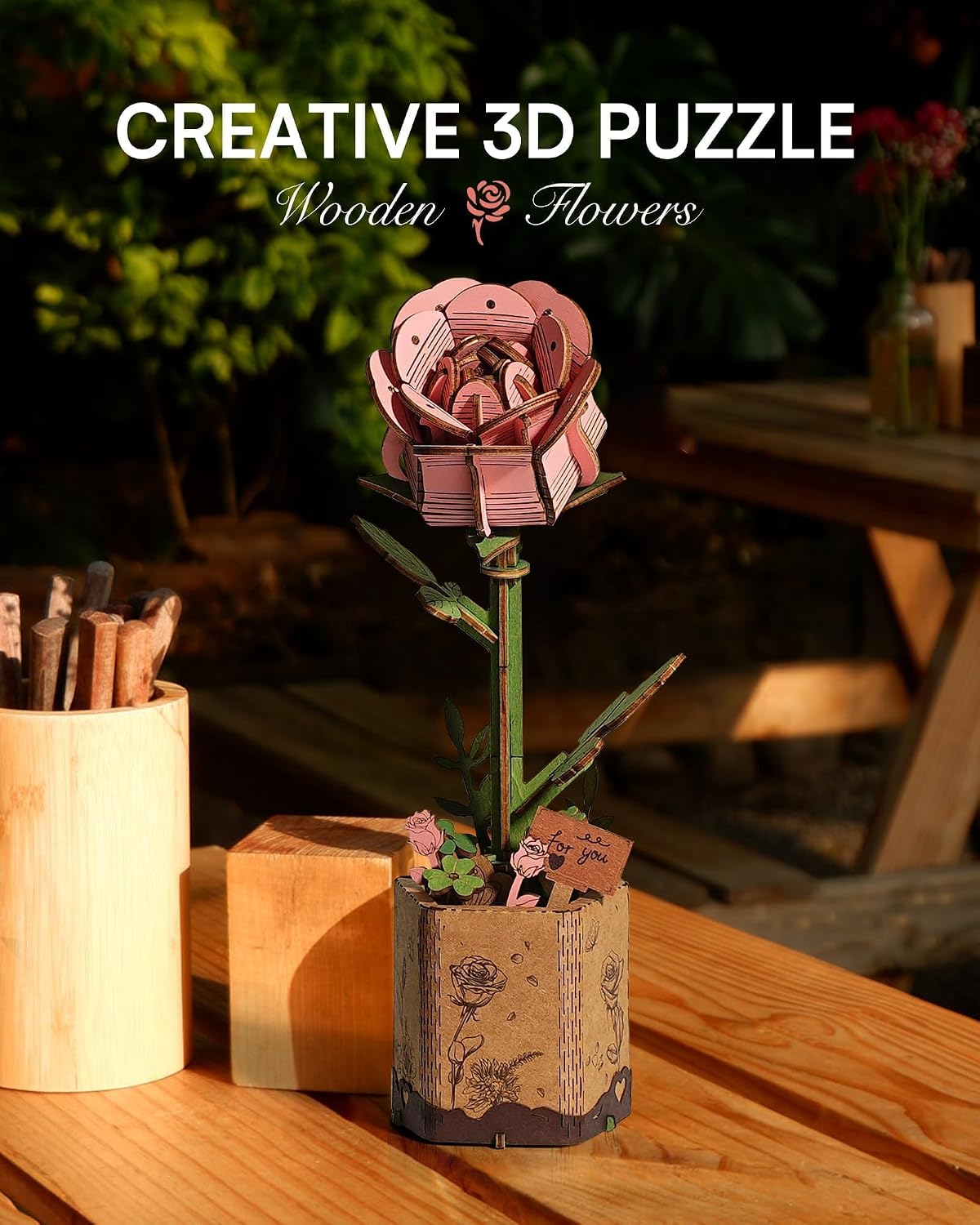 3D Flower Wooden Puzzles for Adults-Pink Rose, DIY Wooden Flowers Model Kit Building Set Crafts Birthday Gifts, Artificial Botanical Collection Creative Gift Ideas/Housewarming (104PCS)