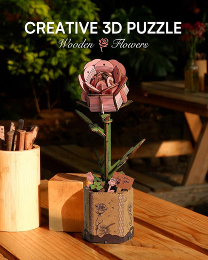 3D Flower Wooden Puzzles for Adults-Pink Rose, DIY Wooden Flowers Model Kit Building Set Crafts Birthday Gifts, Artificial Botanical Collection Creative Gift Ideas/Housewarming (104PCS)