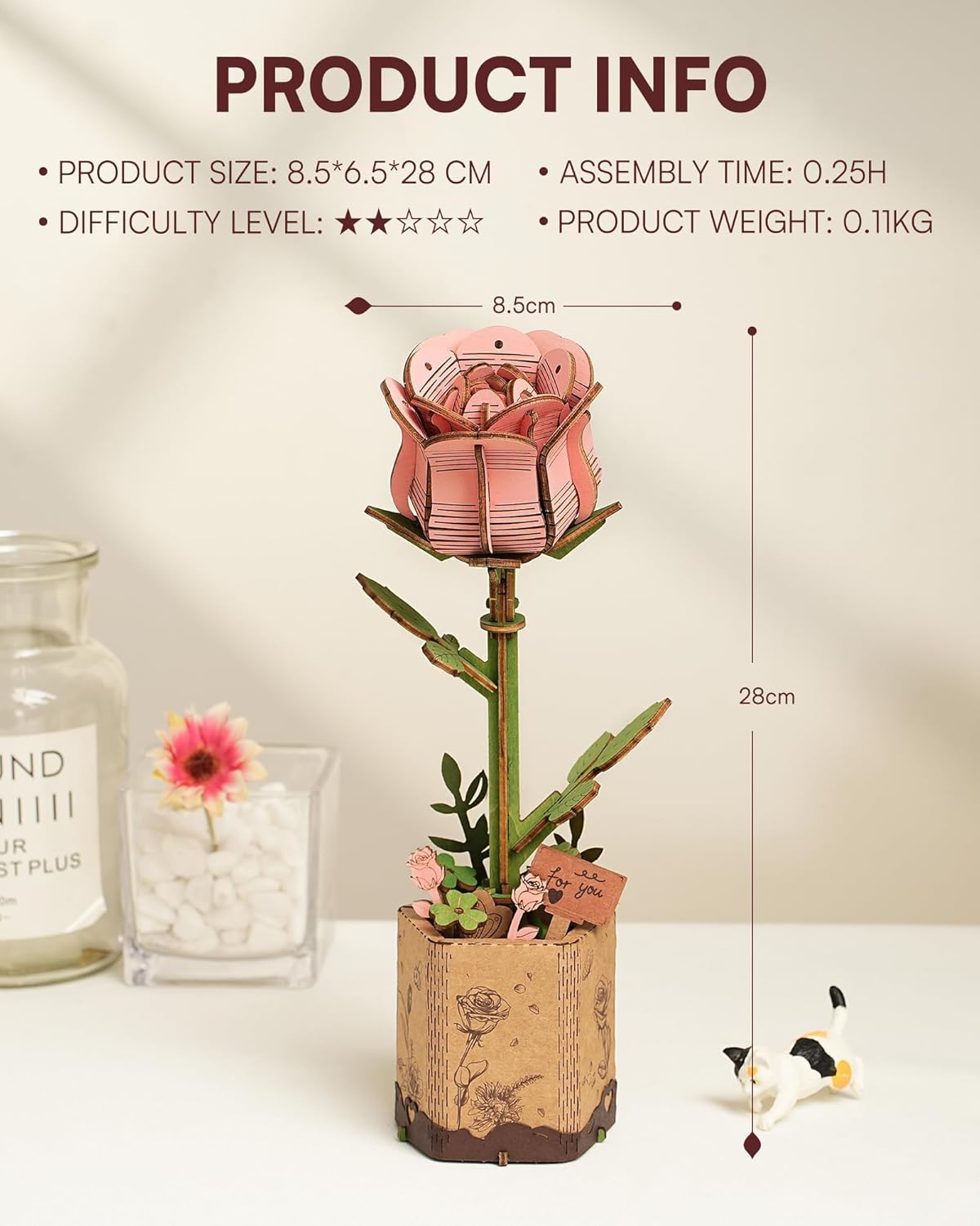 3D Flower Wooden Puzzles for Adults-Pink Rose, DIY Wooden Flowers Model Kit Building Set Crafts Birthday Gifts, Artificial Botanical Collection Creative Gift Ideas/Housewarming (104PCS)