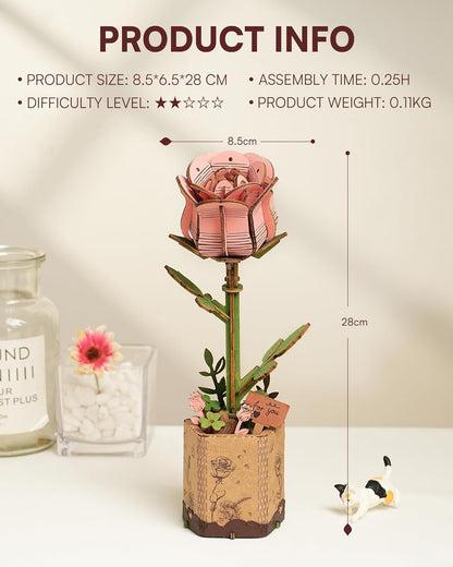 3D Flower Wooden Puzzles for Adults-Pink Rose, DIY Wooden Flowers Model Kit Building Set Crafts Birthday Gifts, Artificial Botanical Collection Creative Gift Ideas/Housewarming (104PCS)