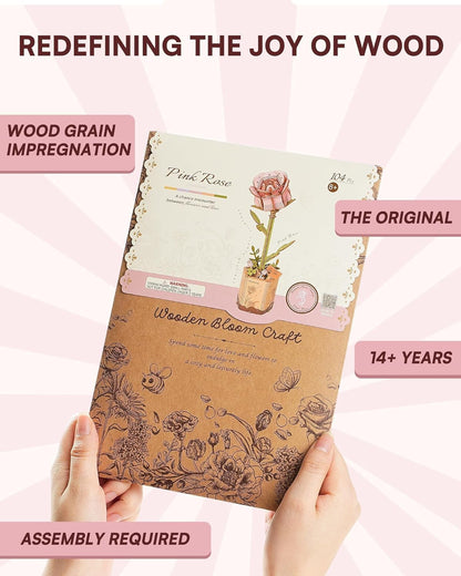 3D Flower Wooden Puzzles for Adults-Pink Rose, DIY Wooden Flowers Model Kit Building Set Crafts Birthday Gifts, Artificial Botanical Collection Creative Gift Ideas/Housewarming (104PCS)