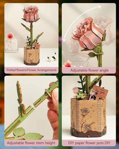 3D Flower Wooden Puzzles for Adults-Pink Rose, DIY Wooden Flowers Model Kit Building Set Crafts Birthday Gifts, Artificial Botanical Collection Creative Gift Ideas/Housewarming (104PCS)