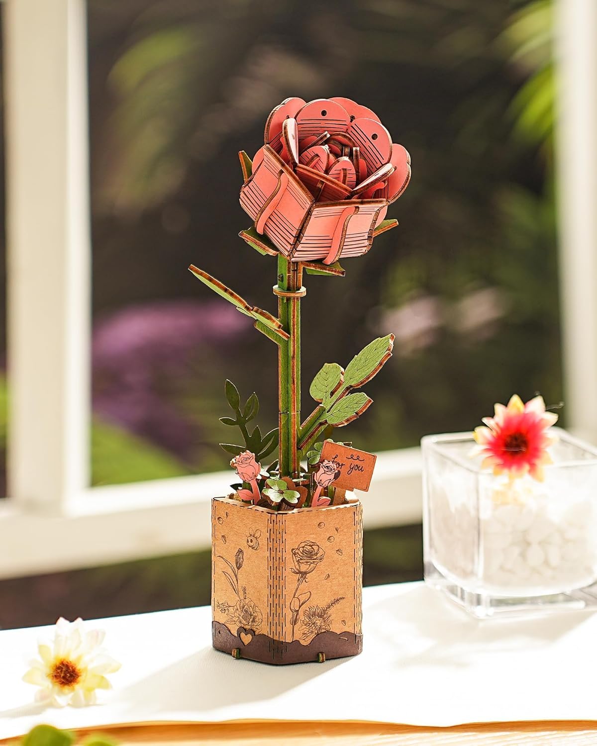 3D Flower Wooden Puzzles for Adults-Pink Rose, DIY Wooden Flowers Model Kit Building Set Crafts Birthday Gifts, Artificial Botanical Collection Creative Gift Ideas/Housewarming (104PCS)