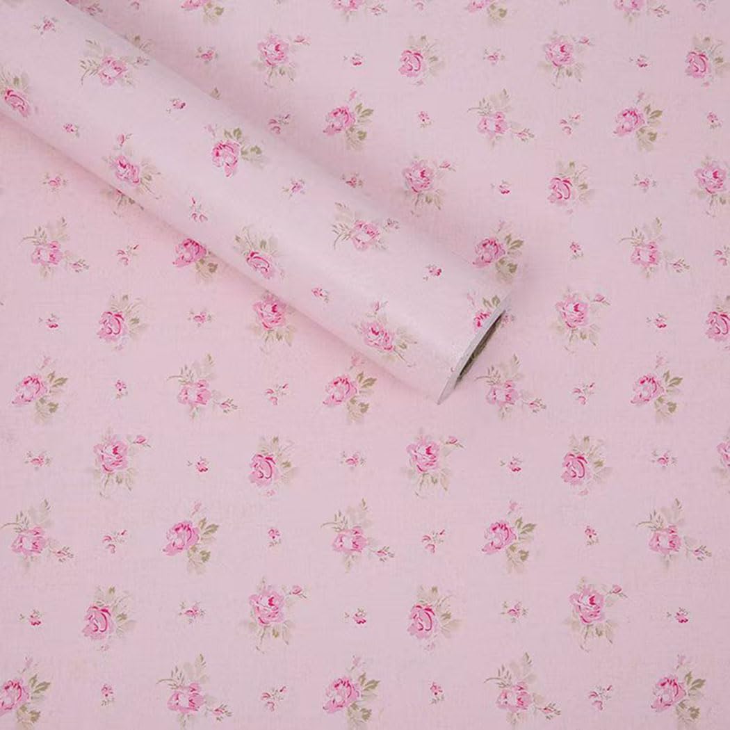 Pink Floral Drawer Shelf Liner Self Adhesive Decorative Rose Contact Paper for Shelves Drawer Cabinets Furniture Wall Decoration (17.7x78.7 Inches)