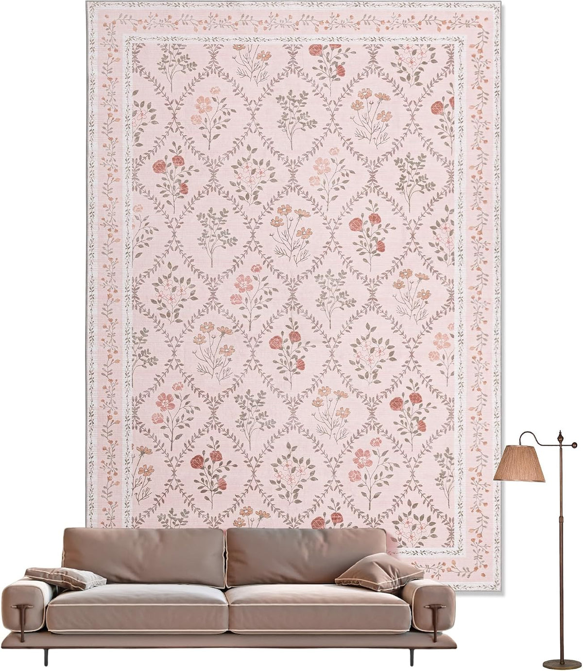 5x7 Pink Floral Rug for Bedroom Girls, Washable Area Rugs for Living Room Non Slip Ultra-Thin, Soft Throw Carpet for Nursery, Kids Playroom, Classroom, Home Office Decor