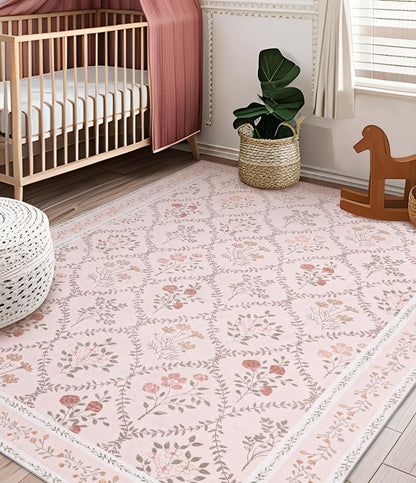 5x7 Pink Floral Rug for Bedroom Girls, Washable Area Rugs for Living Room Non Slip Ultra-Thin, Soft Throw Carpet for Nursery, Kids Playroom, Classroom, Home Office Decor