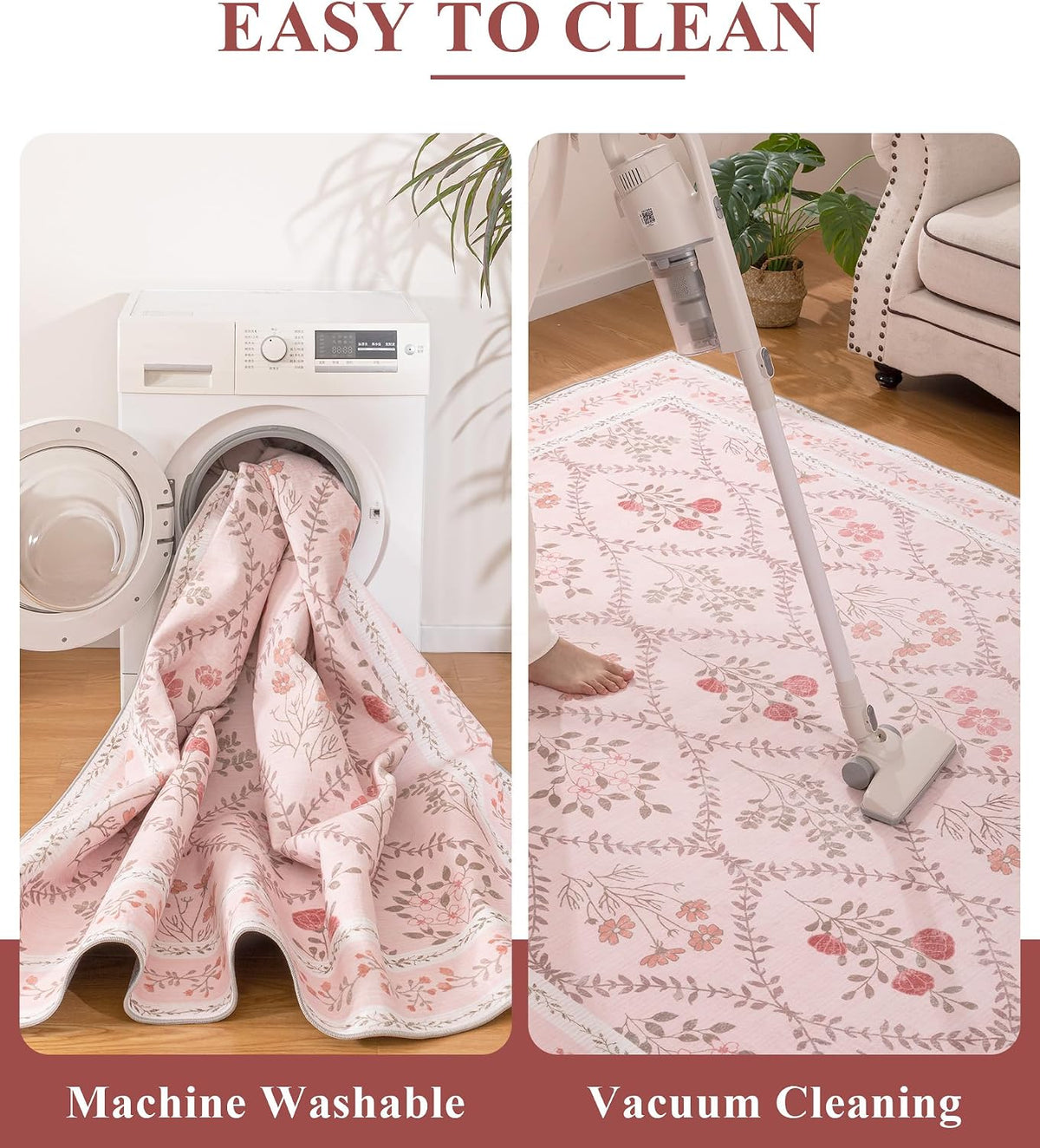 5x7 Pink Floral Rug for Bedroom Girls, Washable Area Rugs for Living Room Non Slip Ultra-Thin, Soft Throw Carpet for Nursery, Kids Playroom, Classroom, Home Office Decor