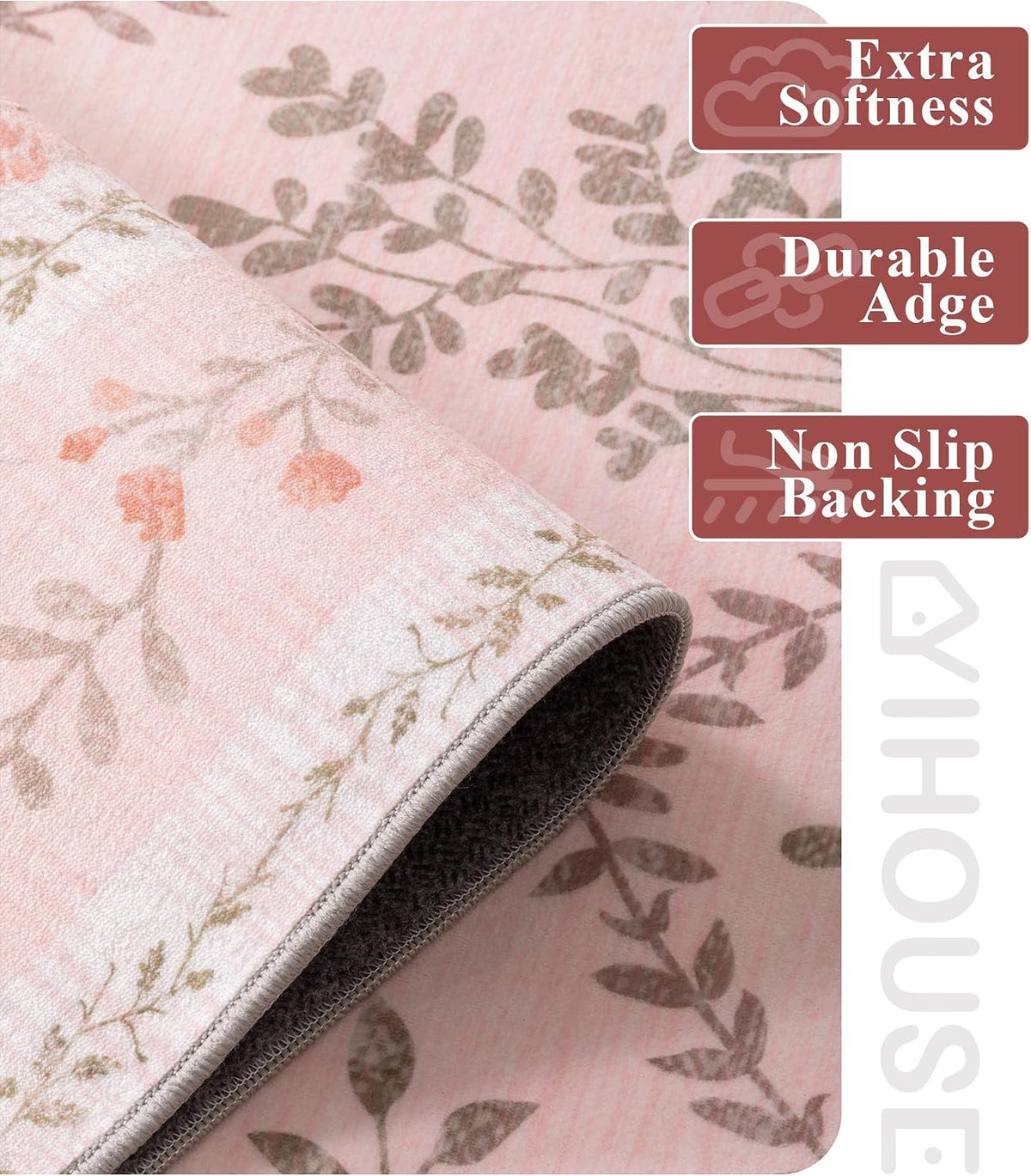 5x7 Pink Floral Rug for Bedroom Girls, Washable Area Rugs for Living Room Non Slip Ultra-Thin, Soft Throw Carpet for Nursery, Kids Playroom, Classroom, Home Office Decor