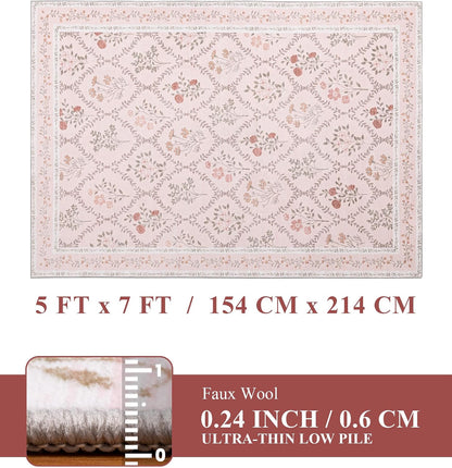 5x7 Pink Floral Rug for Bedroom Girls, Washable Area Rugs for Living Room Non Slip Ultra-Thin, Soft Throw Carpet for Nursery, Kids Playroom, Classroom, Home Office Decor