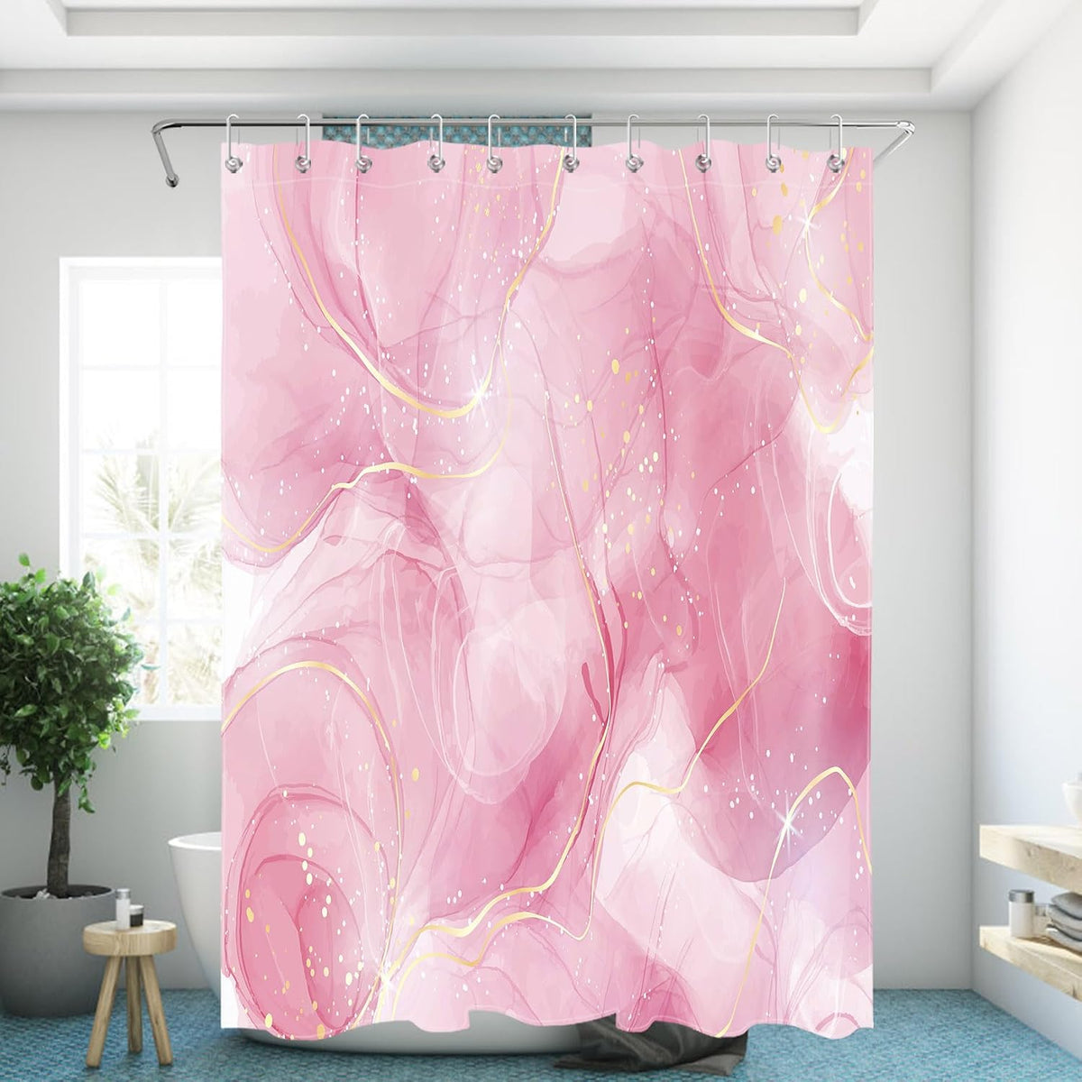 Modern Marble Shower Curtain, Pink and Gold Luxurious Marble Bathroom Curtain with Hooks, Abstract Art Bath Curtain Polyester Fabric Bath Decor Accessories, 60x72 Inches,YL30460Q