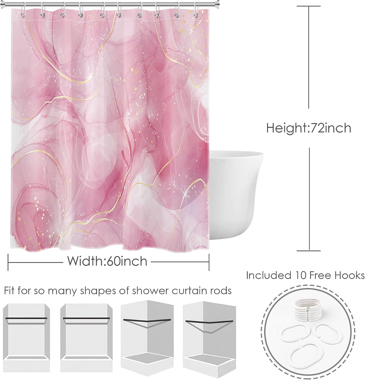 Modern Marble Shower Curtain, Pink and Gold Luxurious Marble Bathroom Curtain with Hooks, Abstract Art Bath Curtain Polyester Fabric Bath Decor Accessories, 60x72 Inches,YL30460Q