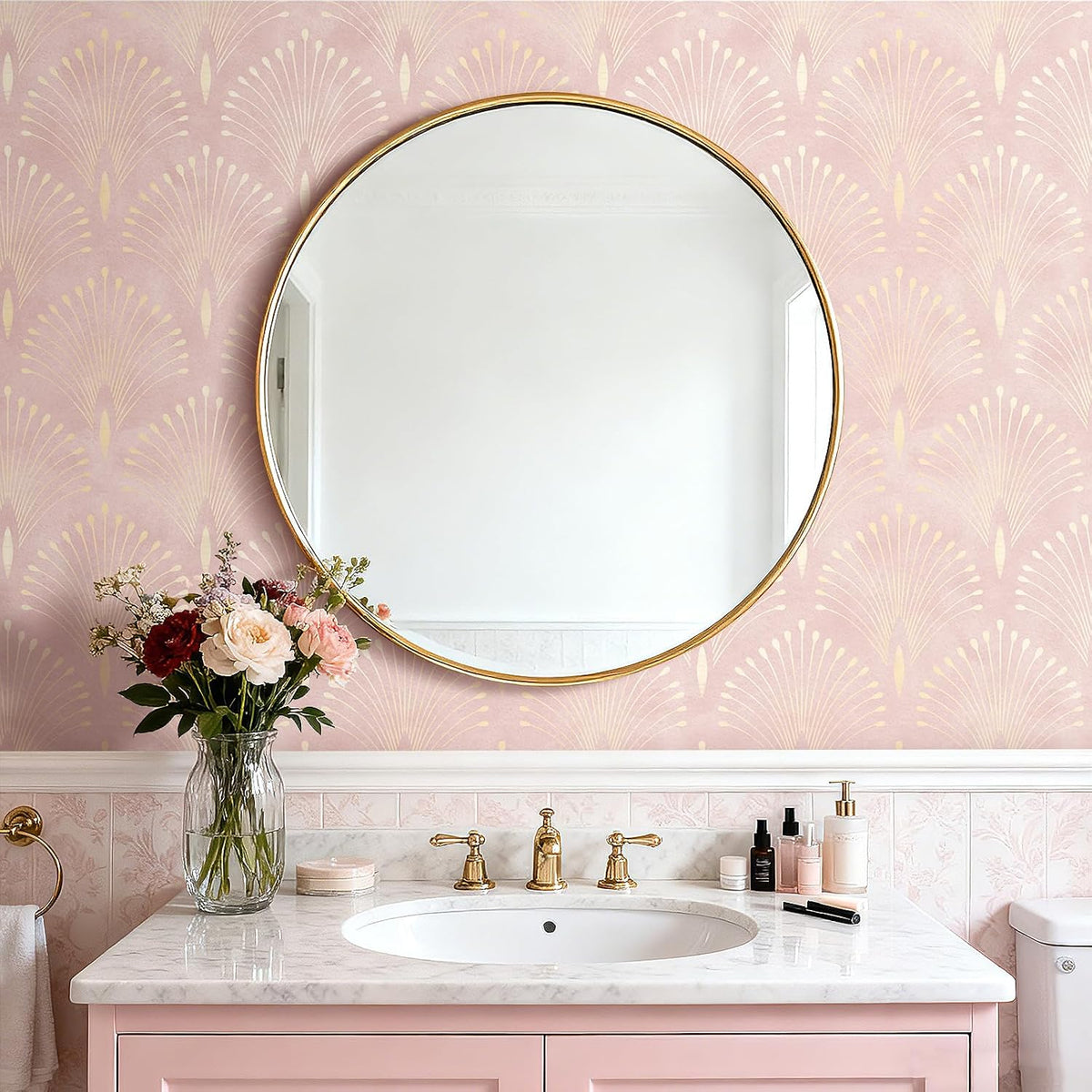 Pink and Gold Geometric Wallpaper Peel and Stick Accent Wall Paper Removable Blush Pink Art Deco Metallic Gold Art Nouveau Peacock Self Adhesive Contact Paper for Drawers Cabinets 17.5x80