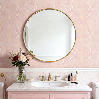 Pink and Gold Geometric Wallpaper Peel and Stick Accent Wall Paper Removable Blush Pink Art Deco Metallic Gold Art Nouveau Peacock Self Adhesive Contact Paper for Drawers Cabinets 17.5x80
