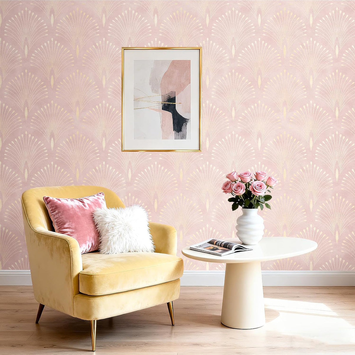 Pink and Gold Geometric Wallpaper Peel and Stick Accent Wall Paper Removable Blush Pink Art Deco Metallic Gold Art Nouveau Peacock Self Adhesive Contact Paper for Drawers Cabinets 17.5x80