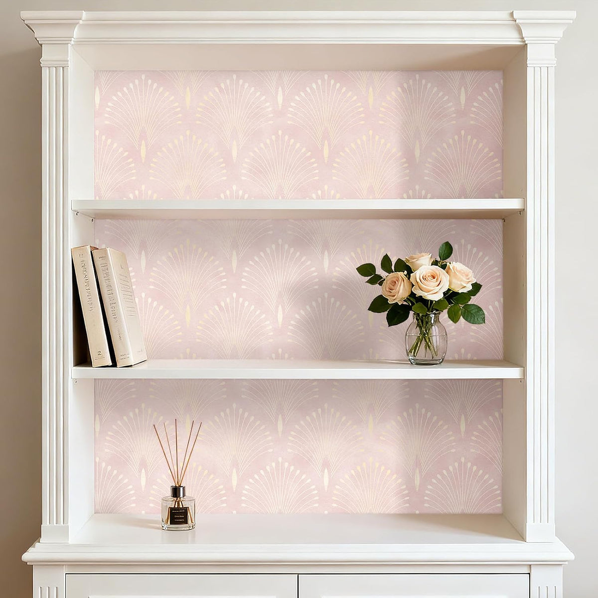 Pink and Gold Geometric Wallpaper Peel and Stick Accent Wall Paper Removable Blush Pink Art Deco Metallic Gold Art Nouveau Peacock Self Adhesive Contact Paper for Drawers Cabinets 17.5x80