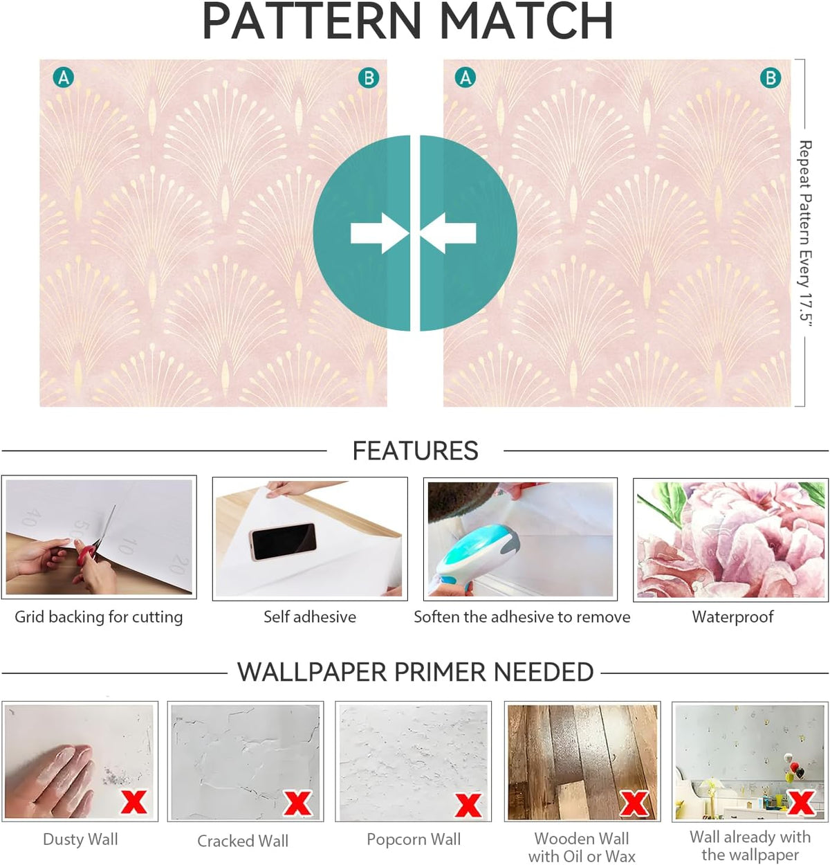 Pink and Gold Geometric Wallpaper Peel and Stick Accent Wall Paper Removable Blush Pink Art Deco Metallic Gold Art Nouveau Peacock Self Adhesive Contact Paper for Drawers Cabinets 17.5x80