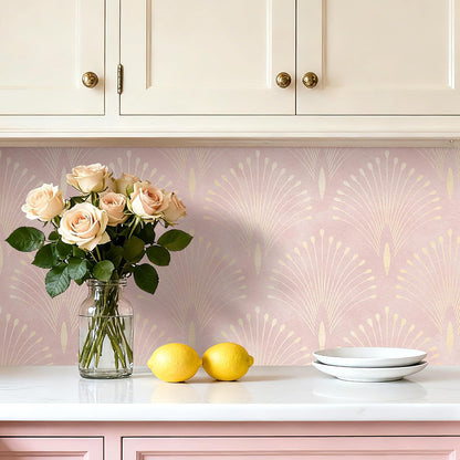 Pink and Gold Geometric Wallpaper Peel and Stick Accent Wall Paper Removable Blush Pink Art Deco Metallic Gold Art Nouveau Peacock Self Adhesive Contact Paper for Drawers Cabinets 17.5x80