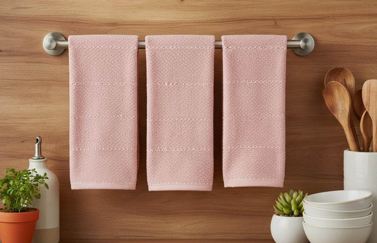 Light Pink Kitchen Hand Dish Towels, Set of 3, 100% Cotton, 18" x 28"