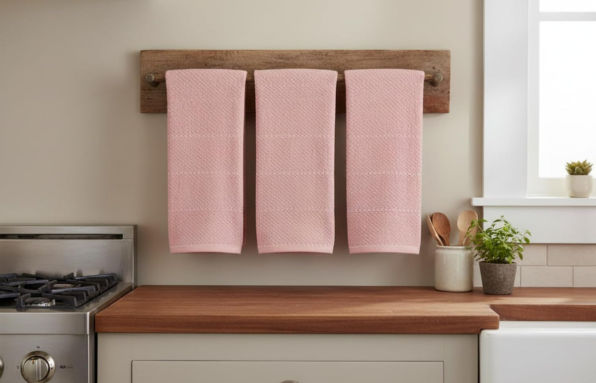 Light Pink Kitchen Hand Dish Towels, Set of 3, 100% Cotton, 18" x 28"