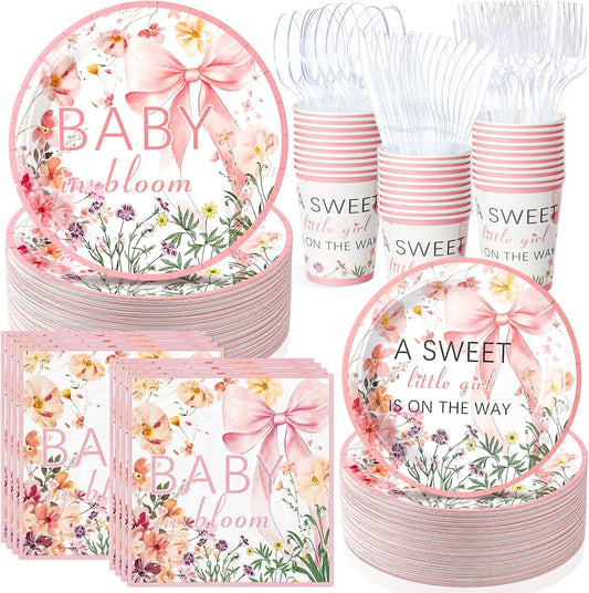 350 Pcs Baby in Bloom Baby Shower Party Plates Napkins a Sweet Is on The Way Paper Cups with Clear Knives Fork Spoon for Pink Bow Flower Disposable Birthday Tableware for 50 Guests
