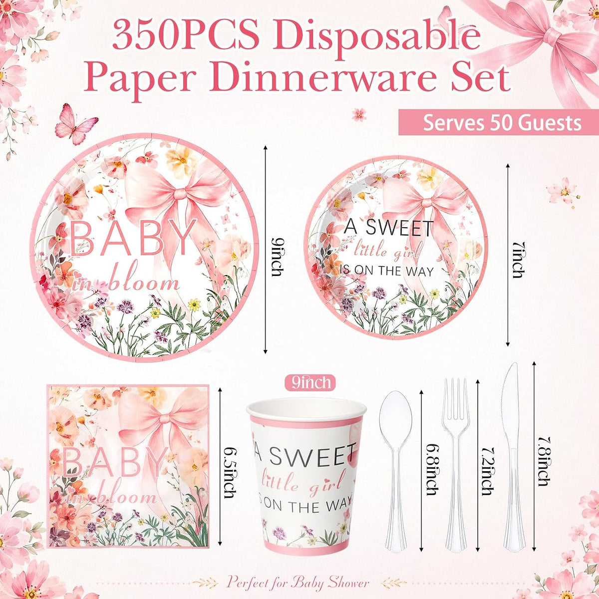 350 Pcs Baby in Bloom Baby Shower Party Plates Napkins a Sweet Is on The Way Paper Cups with Clear Knives Fork Spoon for Pink Bow Flower Disposable Birthday Tableware for 50 Guests