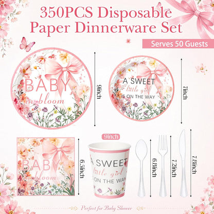 350 Pcs Baby in Bloom Baby Shower Party Plates Napkins a Sweet Is on The Way Paper Cups with Clear Knives Fork Spoon for Pink Bow Flower Disposable Birthday Tableware for 50 Guests