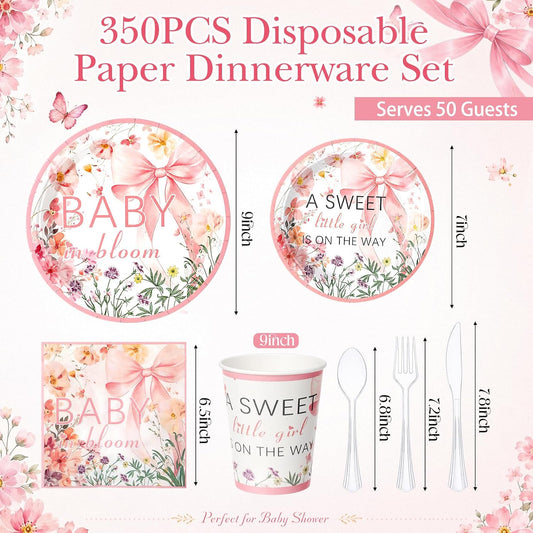 350 Pcs Baby in Bloom Baby Shower Party Plates Napkins a Sweet Is on The Way Paper Cups with Clear Knives Fork Spoon for Pink Bow Flower Disposable Birthday Tableware for 50 Guests