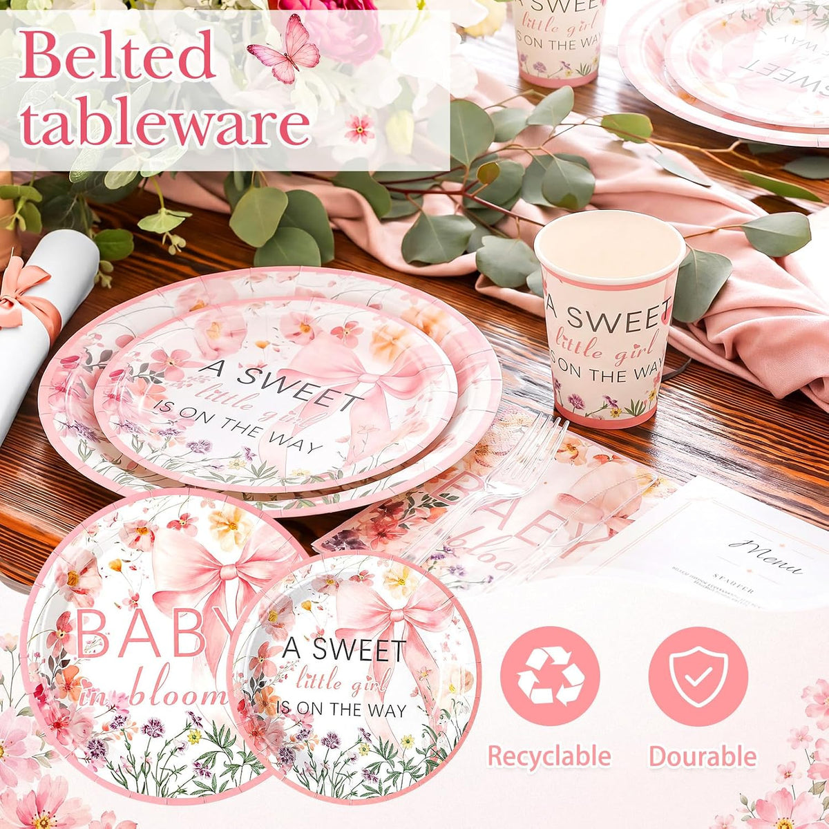 350 Pcs Baby in Bloom Baby Shower Party Plates Napkins a Sweet Is on The Way Paper Cups with Clear Knives Fork Spoon for Pink Bow Flower Disposable Birthday Tableware for 50 Guests