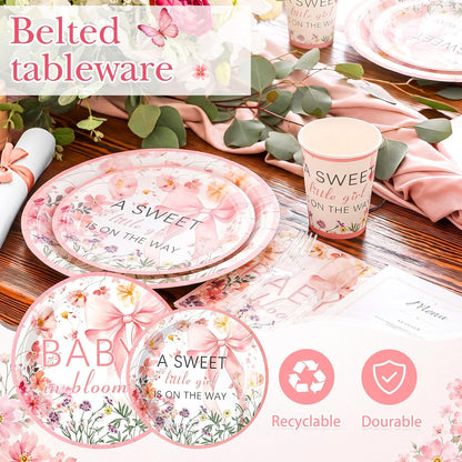 350 Pcs Baby in Bloom Baby Shower Party Plates Napkins a Sweet Is on The Way Paper Cups with Clear Knives Fork Spoon for Pink Bow Flower Disposable Birthday Tableware for 50 Guests