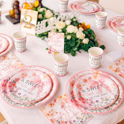 350 Pcs Baby in Bloom Baby Shower Party Plates Napkins a Sweet Is on The Way Paper Cups with Clear Knives Fork Spoon for Pink Bow Flower Disposable Birthday Tableware for 50 Guests