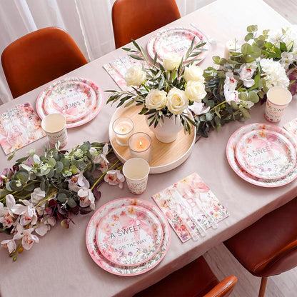 350 Pcs Baby in Bloom Baby Shower Party Plates Napkins a Sweet Is on The Way Paper Cups with Clear Knives Fork Spoon for Pink Bow Flower Disposable Birthday Tableware for 50 Guests