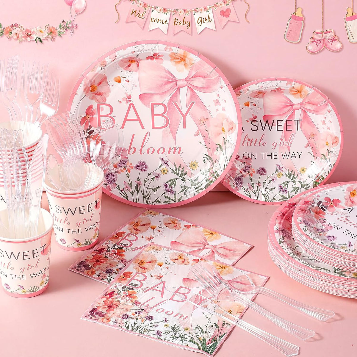 350 Pcs Baby in Bloom Baby Shower Party Plates Napkins a Sweet Is on The Way Paper Cups with Clear Knives Fork Spoon for Pink Bow Flower Disposable Birthday Tableware for 50 Guests