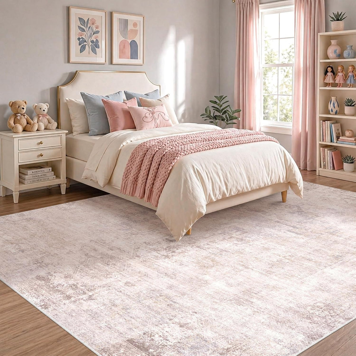 Pink Mauve and Grey Living Room Rug 8x10 - Modern Distressed Medallion Area Rug for Dining Room Under Table, Bedroom, Washable Non Slip High Traffic Low Pile Thin Floor Carpet, Distressed Design