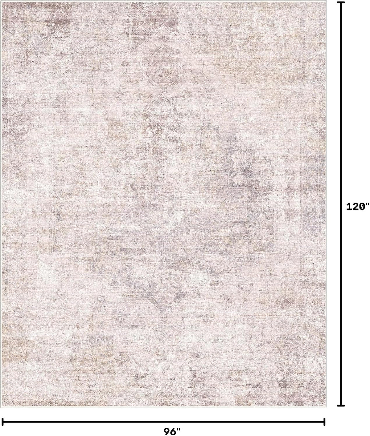 Pink Mauve and Grey Living Room Rug 8x10 - Modern Distressed Medallion Area Rug for Dining Room Under Table, Bedroom, Washable Non Slip High Traffic Low Pile Thin Floor Carpet, Distressed Design