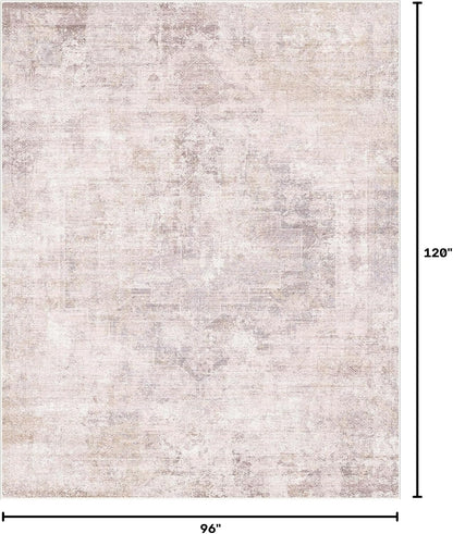 Pink Mauve and Grey Living Room Rug 8x10 - Modern Distressed Medallion Area Rug for Dining Room Under Table, Bedroom, Washable Non Slip High Traffic Low Pile Thin Floor Carpet, Distressed Design
