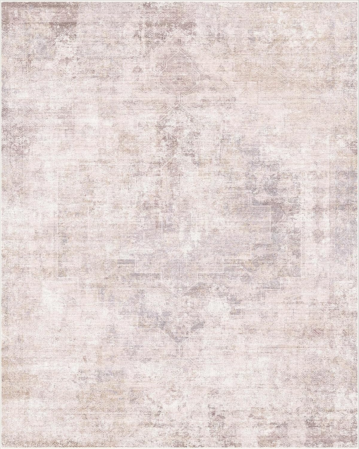 Pink Mauve and Grey Living Room Rug 8x10 - Modern Distressed Medallion Area Rug for Dining Room Under Table, Bedroom, Washable Non Slip High Traffic Low Pile Thin Floor Carpet, Distressed Design