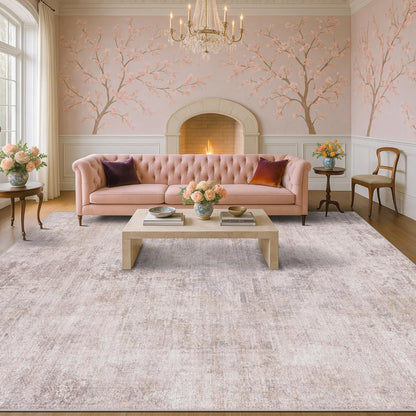 Pink Mauve and Grey Living Room Rug 8x10 - Modern Distressed Medallion Area Rug for Dining Room Under Table, Bedroom, Washable Non Slip High Traffic Low Pile Thin Floor Carpet, Distressed Design