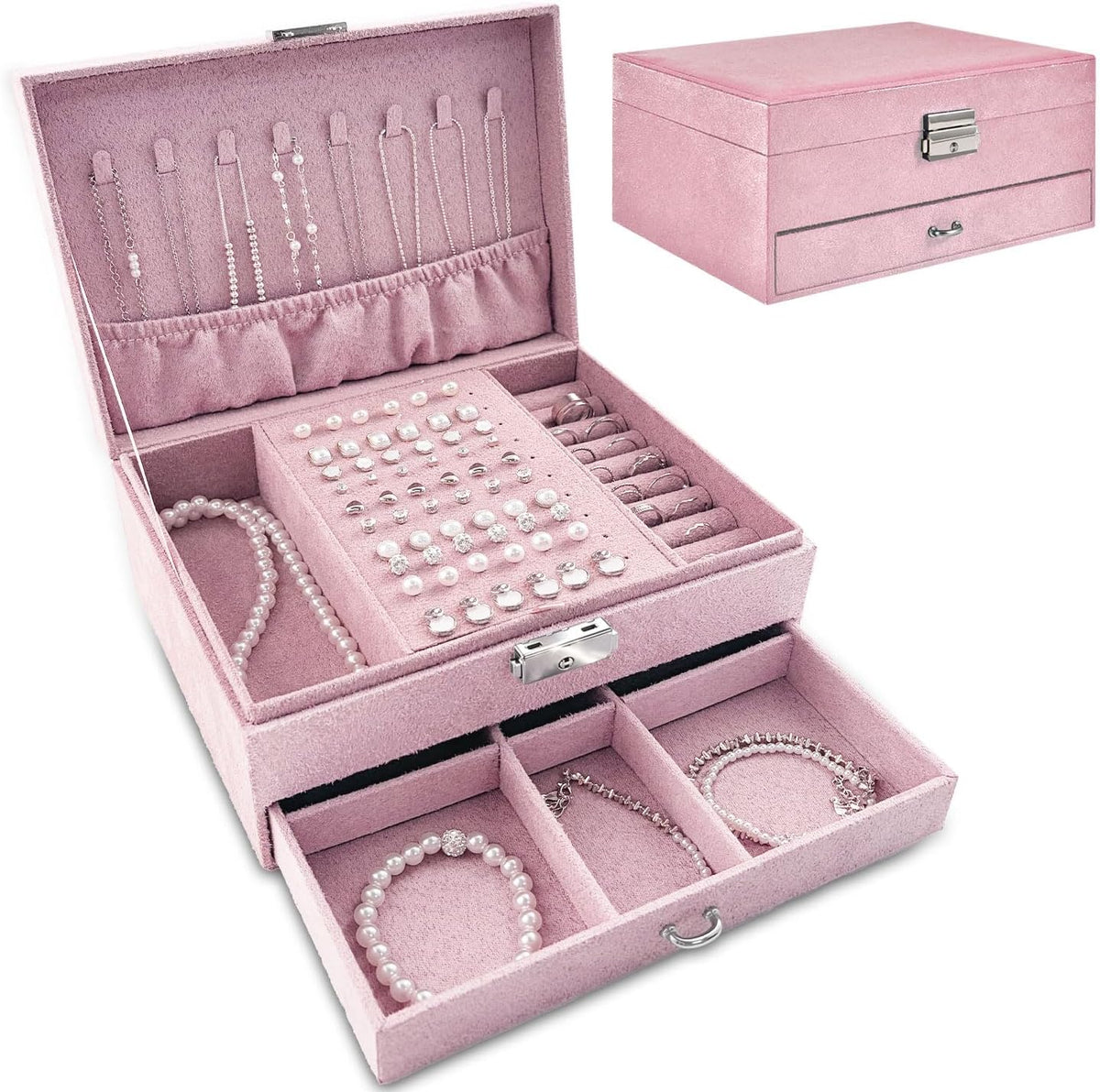 Jewelry Box Organizer 2-Layer Jewelry Storage Case for Earrings Rings Necklace Large Jewelry Holder Case Gift for Women Girls (Pink)