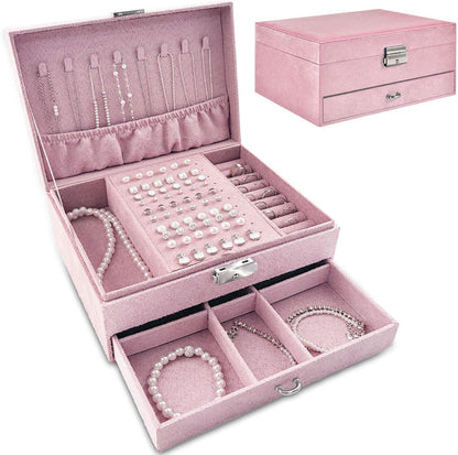Jewelry Box Organizer 2-Layer Jewelry Storage Case for Earrings Rings Necklace Large Jewelry Holder Case Gift for Women Girls (Pink)