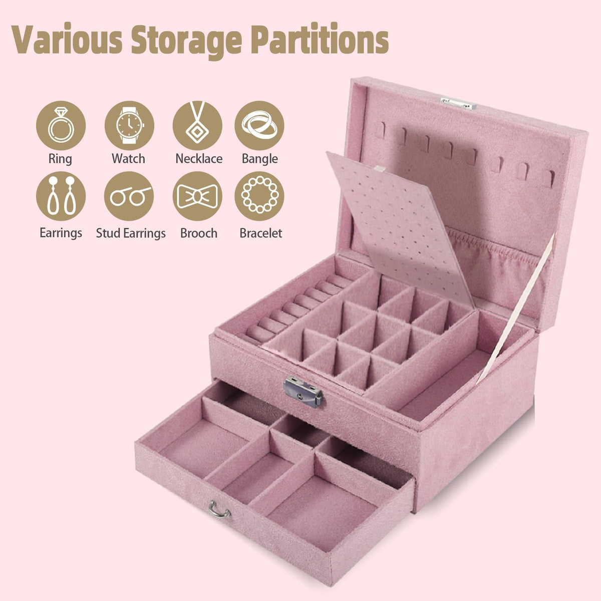 Jewelry Box Organizer 2-Layer Jewelry Storage Case for Earrings Rings Necklace Large Jewelry Holder Case Gift for Women Girls (Pink)
