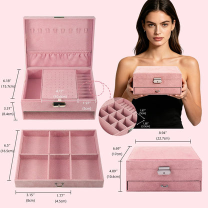 Jewelry Box Organizer 2-Layer Jewelry Storage Case for Earrings Rings Necklace Large Jewelry Holder Case Gift for Women Girls (Pink)