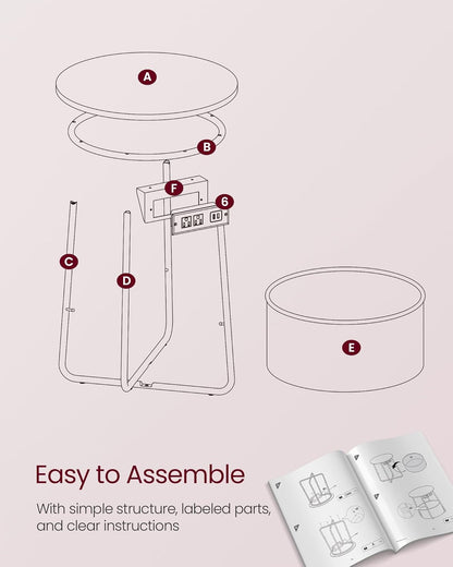 LILEA Colection - Side Table with Charging Station, Round End Table with Fabric Basket, Nightstand with Power Outlets, USB Ports, Modern, Jelly Pink and Cream White ULET228R01