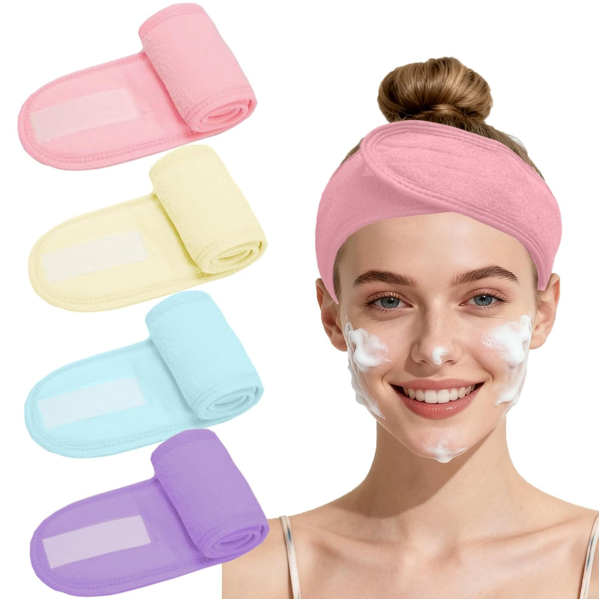 4 Pack Adjustable Makeup Headbands – Non-Slip Spa Facial Headband & Facial Hair Wrap, Adjustable Washable Towel for Shower, Yoga, Gym, Salon & Home Use (Fits All), HZFD-BB
