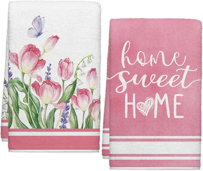Summer Pink Tulips Floral Kitchen Towels, Spring Lavender Dish Towels Set of 2, Spring Butterfly Flowers 18 x 26 Inch Hand Towel Quick Drying Dishcloth Decor for Kitchen Bathroom Home