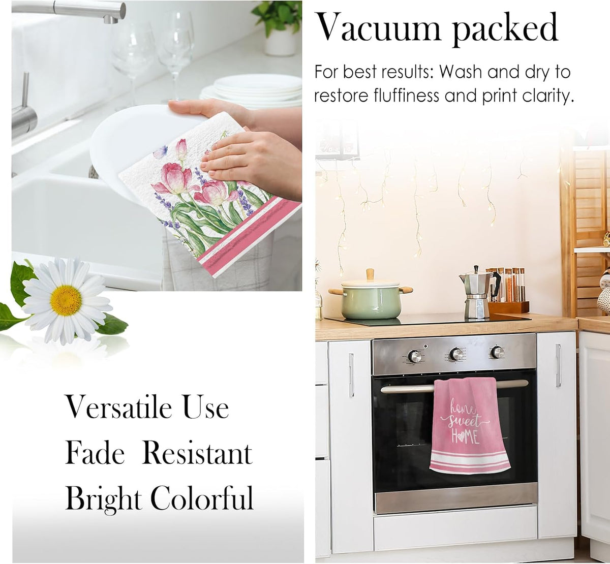 Summer Pink Tulips Floral Kitchen Towels, Spring Lavender Dish Towels Set of 2, Spring Butterfly Flowers 18 x 26 Inch Hand Towel Quick Drying Dishcloth Decor for Kitchen Bathroom Home