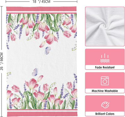 Summer Pink Tulips Floral Kitchen Towels, Spring Lavender Dish Towels Set of 2, Spring Butterfly Flowers 18 x 26 Inch Hand Towel Quick Drying Dishcloth Decor for Kitchen Bathroom Home