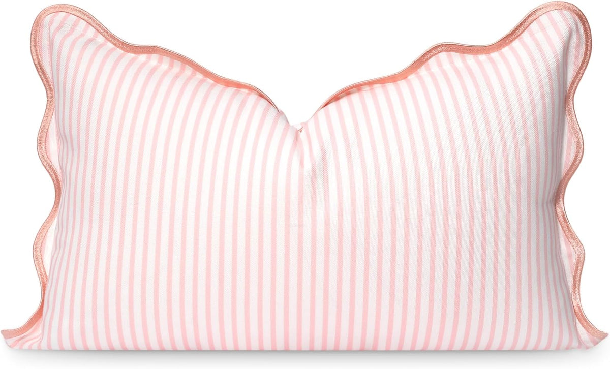 Coastal Patio Indoor Outdoor Scalloped Lumbar Pillow Cover Only, 12"x20" Water Repellent for Backyard, Couch, Blush Pink Print Stripes