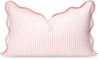 Coastal Patio Indoor Outdoor Scalloped Lumbar Pillow Cover Only, 12"x20" Water Repellent for Backyard, Couch, Blush Pink Print Stripes