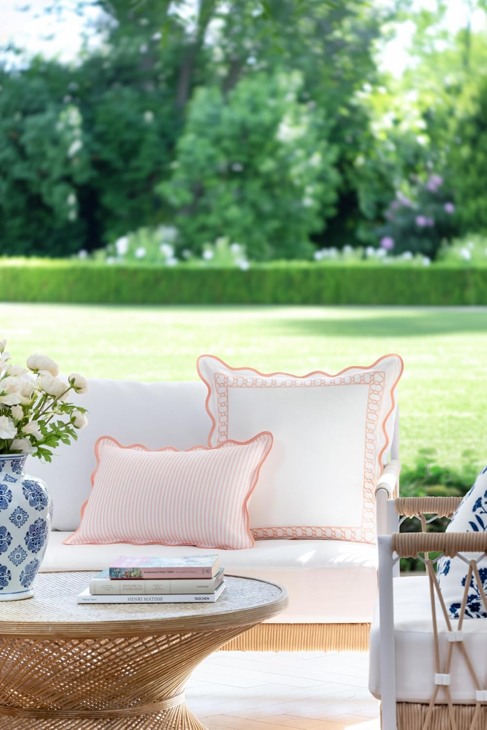 Coastal Patio Indoor Outdoor Scalloped Lumbar Pillow Cover Only, 12"x20" Water Repellent for Backyard, Couch, Blush Pink Print Stripes